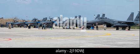 ANDRAVIDA AIR BASE, Greece – Several U.S. Air Force F-15E Eagles from the 48th Fighter Wing at Royal Air Force Lakenheath, United Kingdom, land at Andravida Air Base, Greece, March 21, 2022. The 48 FW will participate in INIOCHOS 22, a Hellenic air force-led, large force flying exercise. (U.S. Air Force photo by Staff Sgt. Alexandra M. Longfellow) Stock Photo