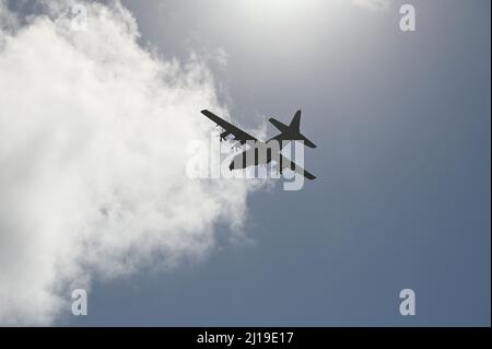 An AC-130J Ghostrider from the 1st Special Operations Wing departs Andersen Air Force Base, Guam, on March 20, 2022.   The AC-130J gunship’s primary missions are close air support, air interdiction and armed reconnaissance. It provides ground forces an expeditionary, direct-fire platform that delivers precision strike munitions to the battlefield. Stock Photo