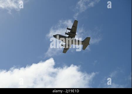 An AC-130J Ghostrider from the 1st Special Operations Wing departs Andersen Air Force Base, Guam, on March 20, 2022.   The AC-130J gunship’s primary missions are close air support, air interdiction and armed reconnaissance. It provides ground forces an expeditionary, direct-fire platform that delivers precision strike munitions to the battlefield. Stock Photo