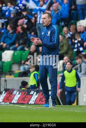 Windsor Park, Belfast, Northern Ireland, UK. 13 Mar 2022. BetMcLean League Cup Final – Cliftonville v Coleraine. Today's game between Cliftonville (red) and Coleraine is the first ever major domestic cup football final to be played on a Sunday in Northern Ireland. Oran Kearney Coleraine manager. Credit: CAZIMB/Alamy Live News. Stock Photo