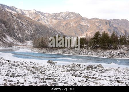 The melted bed of a beautiful river flowing through a snow-covered valley in the mountains at sunset on an early winter evening. Katun river, Altai, S Stock Photo