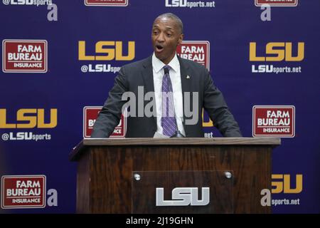 March 23, 2022: LSU President William F. Tate IV address the crowd as new LSU Head Basketball Coach Matt McMahon holds his first press conference and meets with the media for the first time at Tiger Stadium's Bill Lawton Room in Baton Rouge, LA. Jonathan Mailhes/CSM Stock Photo