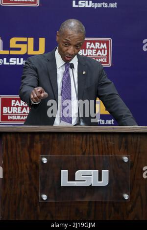 March 23, 2022: LSU President William F. Tate IV address the crowd as new LSU Head Basketball Coach Matt McMahon holds his first press conference and meets with the media for the first time at Tiger Stadium's Bill Lawton Room in Baton Rouge, LA. Jonathan Mailhes/CSM Stock Photo