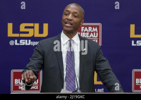 March 23, 2022: LSU President William F. Tate IV address the crowd as new LSU Head Basketball Coach Matt McMahon holds his first press conference and meets with the media for the first time at Tiger Stadium's Bill Lawton Room in Baton Rouge, LA. Jonathan Mailhes/CSM Stock Photo