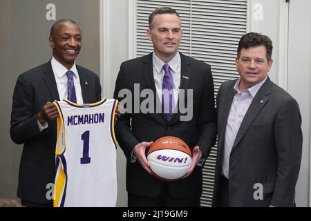 March 23, 2022: New LSU Head Basketball Coach Matt McMahon (center) poses with LSU Athletic Director Scott Woodward (right) and President William F. Tate IV (left) holds his first press conference and meets with the media for the first time at Tiger Stadium's Bill Lawton Room in Baton Rouge, LA. Jonathan Mailhes/CSM Stock Photo