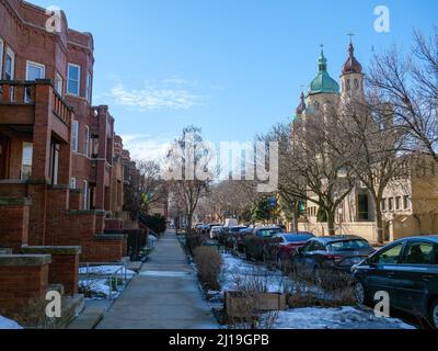 Rice Street & Saint Nicholas Ukrainian Catholic Cathedral. Ukrainian Village neighborhood, Chicago, Illinois. Stock Photo