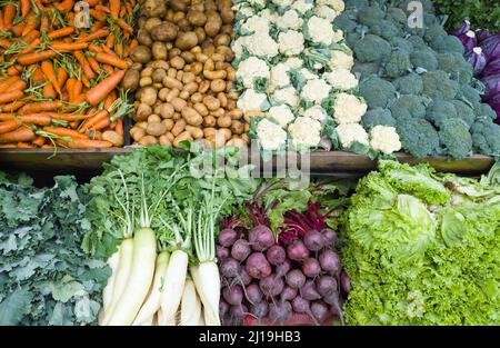 various organic vegetables in the market, pile of carrot, potatoes, broccoli, cauliflower, radish, beetroots and lettuce leaves Stock Photo