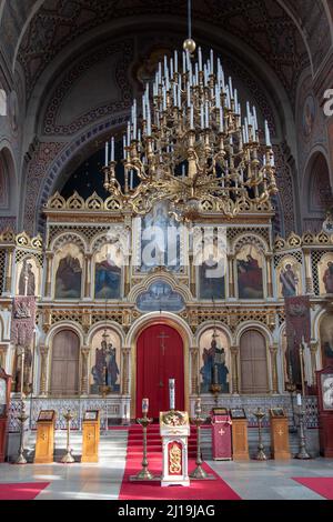 The iconostasis of the Uspenski Cathedral, an Eastern Orthodox cathedral in Helsinki, Finland. September 18, 2018. Stock Photo