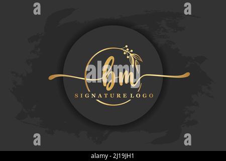 golden signature logo for initial letterLetter bm. Handwriting vector illustration image Stock Vector