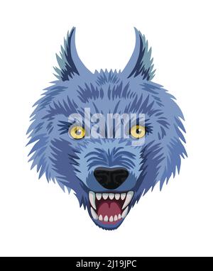 Angry wolf head isolated on white background. Cartoon scary aggressive wolf portrait with big fangs and open mouth.  Stock Vector