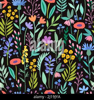 Seamless pattern with cute trendy flowers and plant elements for design and fabric. Stock Vector