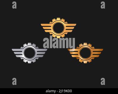 set of 3d winged gear in gold silver bronze logo Stock Vector