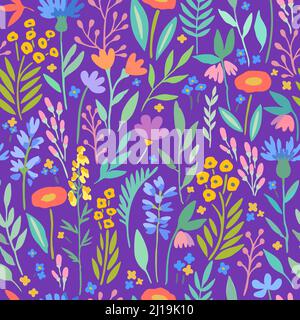 Seamless pattern with cute trendy flowers and plant elements for design and fabric. Stock Vector