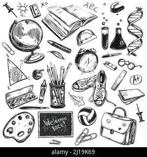 Black and white sketch doodles back to school background with isolated hand drawn icons vector illustration Stock Vector