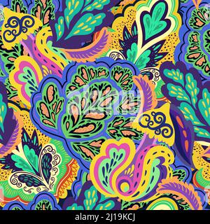 Bright colorful seamless pattern with floral and plants element in psychedelic vibrant funky style. Stock Vector