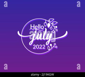 Hello July typography text isolated circle floral frame on black background Stock Vector
