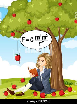 Isaac Newton sitting under apple tree illustration Stock Vector