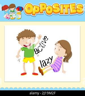 Opposite words for active and lazy illustration Stock Vector