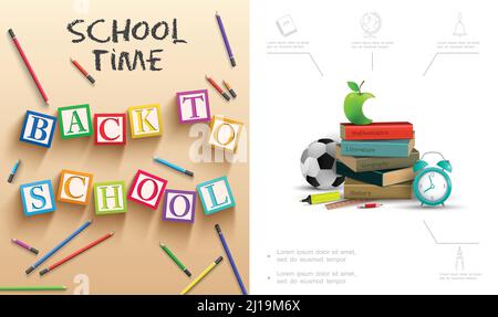 Realistic back to school composition with bitten apple books alarm clock colorful pencils soccer ball ruler cubes with letters vector illustration Stock Vector