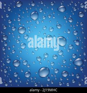 Realistic transparent water drops template with raindrops of different shapes on blue background vector illustration Stock Vector
