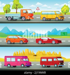 Three horizontal city banners set with orthogonal cartoon images of suburban road scenery and passenger vehicles vector illustration Stock Vector