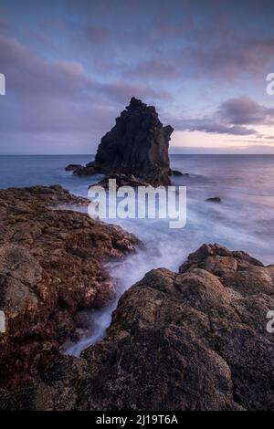 Evening atmosphere on the coast, Ilheu de Santa Catarina, lava rocks in the sea, Madeira, Portugal Stock Photo