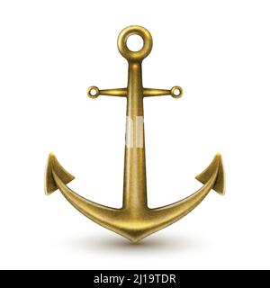 Single golden realistic anchor with metal texture and rings on white background isolated vector illustration Stock Vector