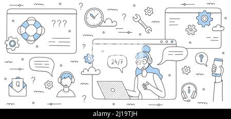 Customer support doodle concept with call center hotline operator communicate with customers via internet, technical clients assistance, information and faq services, Line art vector illustration Stock Vector