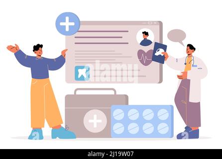 EHR technology. Electronic medical record concept. Patient and doctor characters on online examination, discussion of test results,healthcare service cartoon flat vector illustration Stock Vector