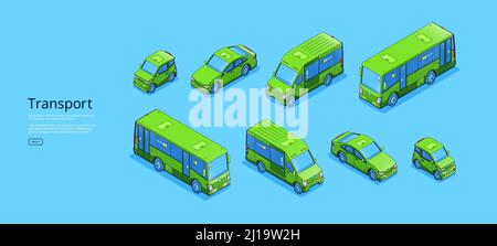 Transport banner with isometric sweeper, truck, mini van and car. Vector flat illustration of passenger automobile, minibus, cargo vehicle and city cleaning machine Stock Vector