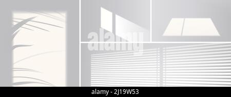 Shadow overlay effect from window, blinds and plant leaves on white wall. Vector realistic mockup of room with sunlight and gray shades of palm tree, window frame and louvers Stock Vector