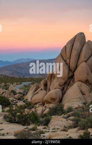 Pastel pink and orange sunset in Joshua Tree National with full desert landscape in view. Stock Photo