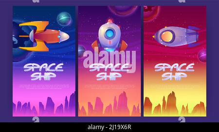 Spaceship posters with rockets flying above alien planet surface. Vector banners of spacecrafts with cartoon illustration of galaxy background with stars, planets and shuttles Stock Vector