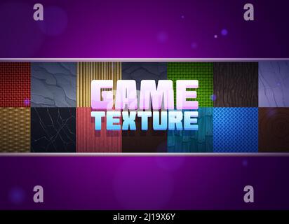 Game textures bamboo stems, straw and wicker, wooden planks, tree bark and stone or marble, textile seamless patterns. Realistic 3d tiles of natural materials, textured design elements, Vector set Stock Vector
