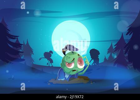 Zombie rise from the grave Halloween creepy scene. Funny cartoon character with crow on head sit in pit at deep night forest with spooky monster silhouettes at midnight background, Vector illustration Stock Vector