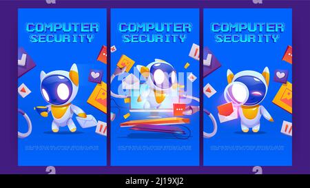 Computer security cartoon posters, cute bot on computer monitor screen protect data and media files. Hacker cyber attack protection, internet network secure digital technology, Vector promo flyers Stock Vector