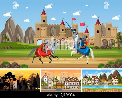 Set of different scene medieval with silhouette  illustration Stock Vector