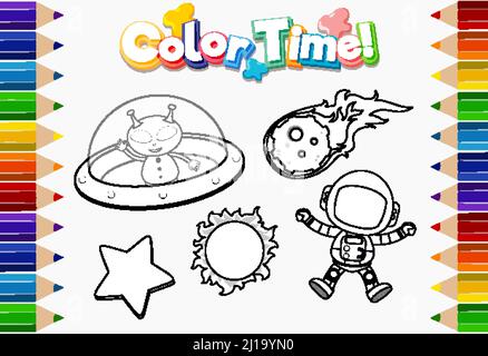 Worksheets template with color time text and UFO outline illustration Stock Vector