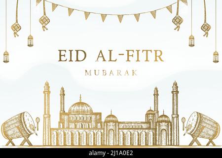 hand drawn eid al fitr mubarak illustration background Stock Vector