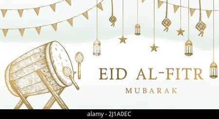 eid al fitr mubarak hand drawn illustration with bedug Stock Vector