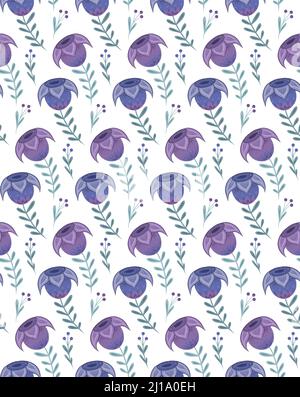 Seamless pattern with violet flowers on stems with folk arts on white background. Vector texture with tulip and berries with naive ornaments. Natural Stock Vector