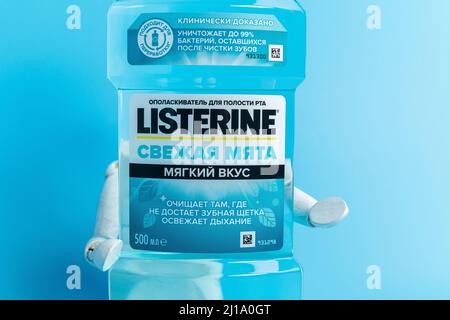 Tyumen, Russia-February 06, 2022: Listerine logo blue background is an American brand of antiseptic mouthwash. Stock Photo