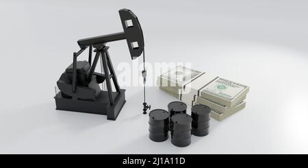 Oil and natural gas business, energy and fuel price. Pump jack oil barrels and US dollars isolated on white background. 3d render Stock Photo