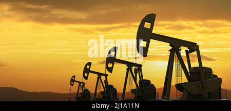 Oil and gas industry. Pumpjack drilling on field, sunset sky background. 3d render Stock Photo