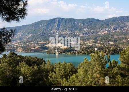 A panorama view up the Manavgat river towards the dam and Green lake, Turkey in the summertime Stock Photo