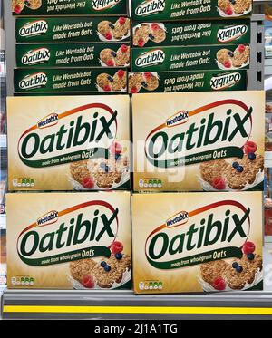 Packets of Oatibix on Supermarket shelves. Stock Photo