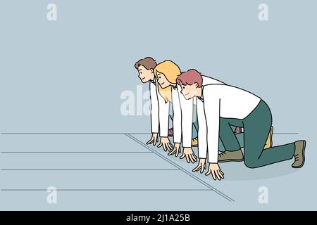 Motivated businesspeople stand at starting position ready for sprint run. Confident diverse employees or clerks compete for better position. Work rivalry or competition. Flat vector illustration.  Stock Vector