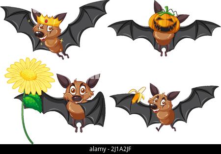 Set of different cute bats in cartoon style illustration Stock Vector