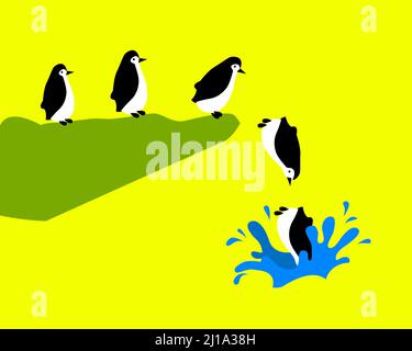 Penguins jumping into the water - vector illustration concept isolated on yellow background Stock Vector