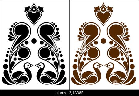 Indian Traditional and Cultural Rangoli or Alpona design concept of peacock design isolated on white background with black and brown color Stock Vector